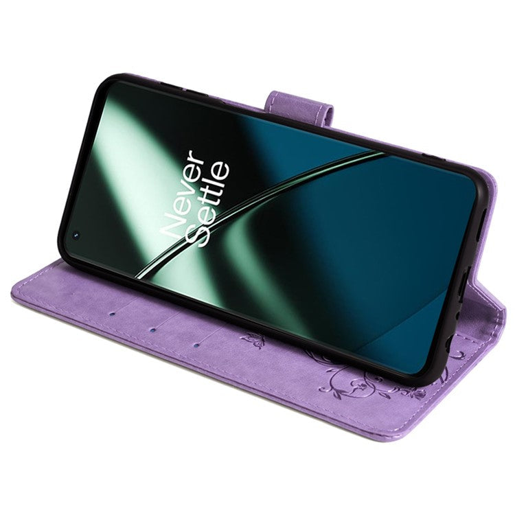 For OnePlus 11 5G Case Butterfly Flower Imprinted PU Leather Flip Phone Cover with 3 Card Slot - Purple