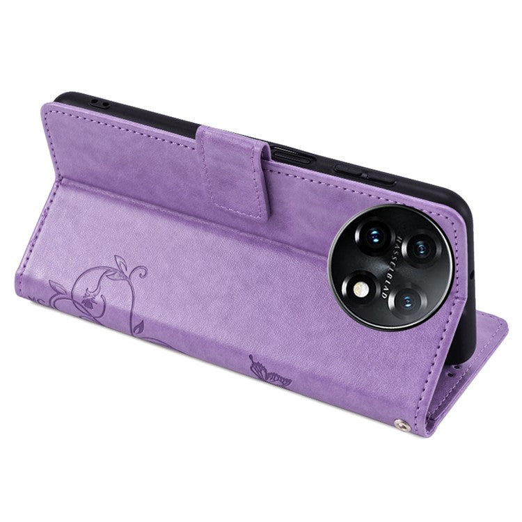 For OnePlus 11 5G Case Butterfly Flower Imprinted PU Leather Flip Phone Cover with 3 Card Slot - Purple
