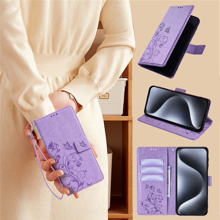 For OnePlus 11 5G Case Butterfly Flower Imprinted PU Leather Flip Phone Cover with 3 Card Slot - Purple