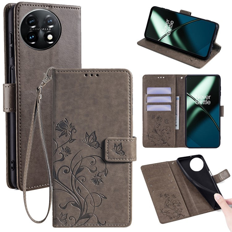For OnePlus 11 5G Case Butterfly Flower Imprinted PU Leather Flip Phone Cover with 3 Card Slot - Grey