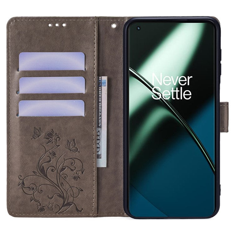 For OnePlus 11 5G Case Butterfly Flower Imprinted PU Leather Flip Phone Cover with 3 Card Slot - Grey