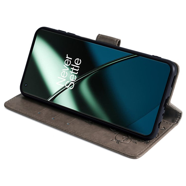 For OnePlus 11 5G Case Butterfly Flower Imprinted PU Leather Flip Phone Cover with 3 Card Slot - Grey