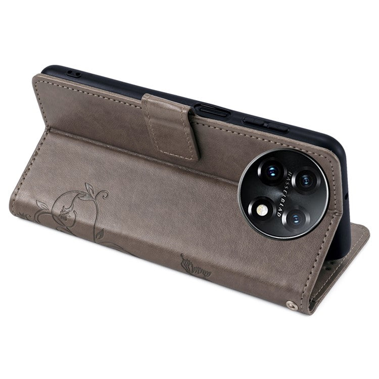 For OnePlus 11 5G Case Butterfly Flower Imprinted PU Leather Flip Phone Cover with 3 Card Slot - Grey