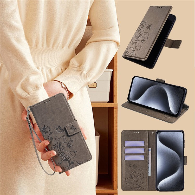 For OnePlus 11 5G Case Butterfly Flower Imprinted PU Leather Flip Phone Cover with 3 Card Slot - Grey