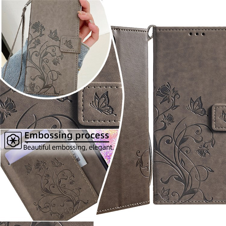 For OnePlus 11 5G Case Butterfly Flower Imprinted PU Leather Flip Phone Cover with 3 Card Slot - Grey