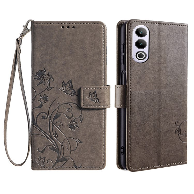 Wallet Case for OnePlus Ace 3V 5G Shell Butterfly Flower Leather Phone Cover with Hand Strap - Grey