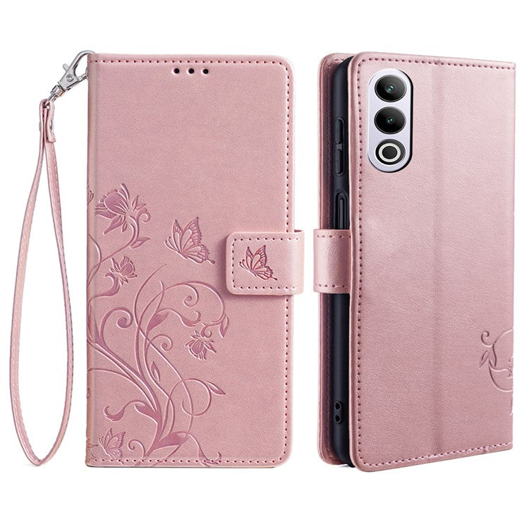 Wallet Case for OnePlus Ace 3V 5G Shell Butterfly Flower Leather Phone Cover with Hand Strap - Rose Gold