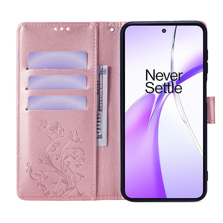 Wallet Case for OnePlus Ace 3V 5G Shell Butterfly Flower Leather Phone Cover with Hand Strap - Rose Gold