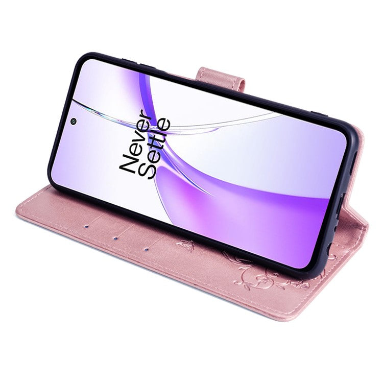 Wallet Case for OnePlus Ace 3V 5G Shell Butterfly Flower Leather Phone Cover with Hand Strap - Rose Gold