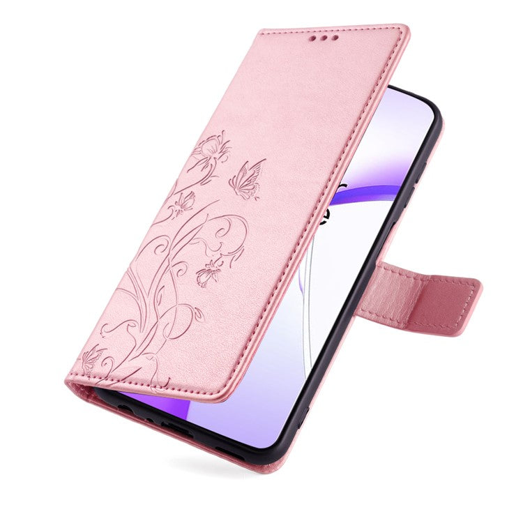 Wallet Case for OnePlus Ace 3V 5G Shell Butterfly Flower Leather Phone Cover with Hand Strap - Rose Gold