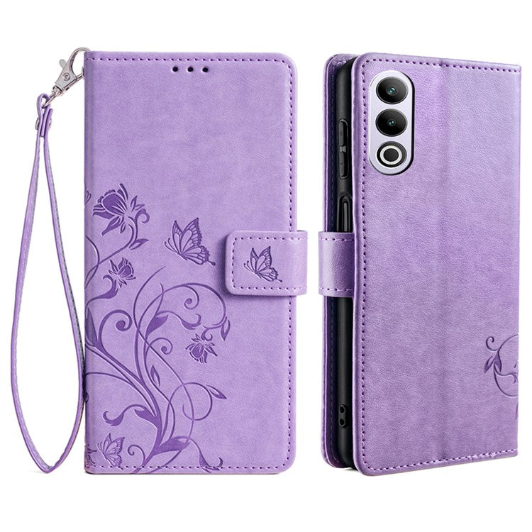 Wallet Case for OnePlus Ace 3V 5G Shell Butterfly Flower Leather Phone Cover with Hand Strap - Purple