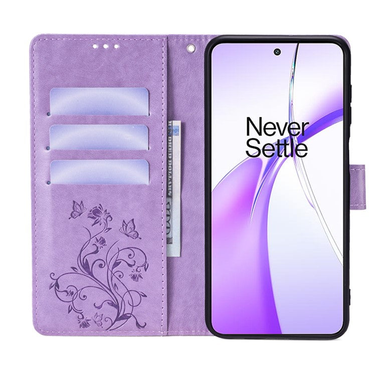 Wallet Case for OnePlus Ace 3V 5G Shell Butterfly Flower Leather Phone Cover with Hand Strap - Purple
