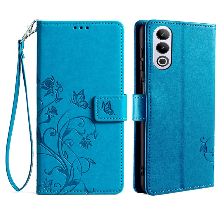 Wallet Case for OnePlus Ace 3V 5G Shell Butterfly Flower Leather Phone Cover with Hand Strap - Blue