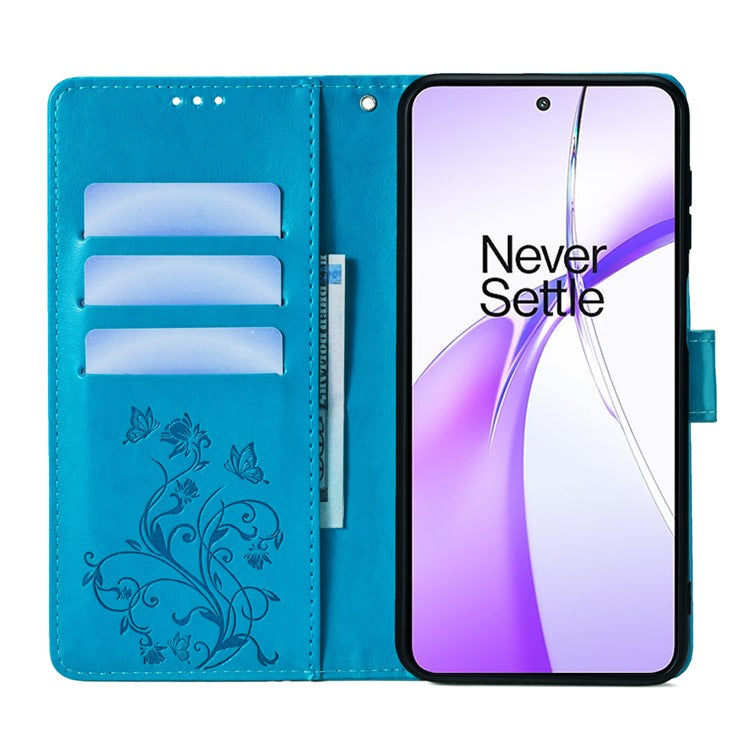 Wallet Case for OnePlus Ace 3V 5G Shell Butterfly Flower Leather Phone Cover with Hand Strap - Blue
