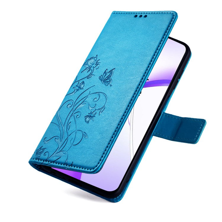 Wallet Case for OnePlus Ace 3V 5G Shell Butterfly Flower Leather Phone Cover with Hand Strap - Blue