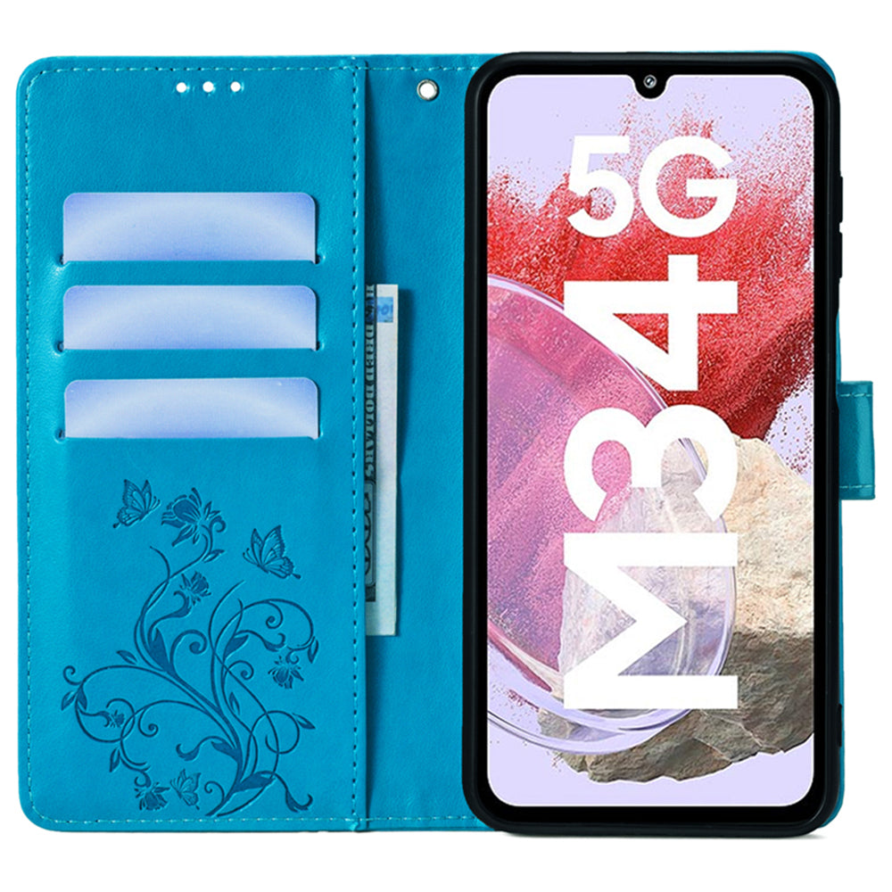 For Samsung Galaxy M34 5G / F34 5G Case PU Leather Card Slots Holder Pocket Butterfly Flower Phone Cover - Blue