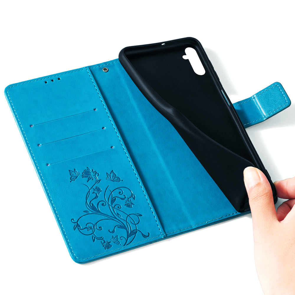 For Samsung Galaxy M34 5G / F34 5G Case PU Leather Card Slots Holder Pocket Butterfly Flower Phone Cover - Blue