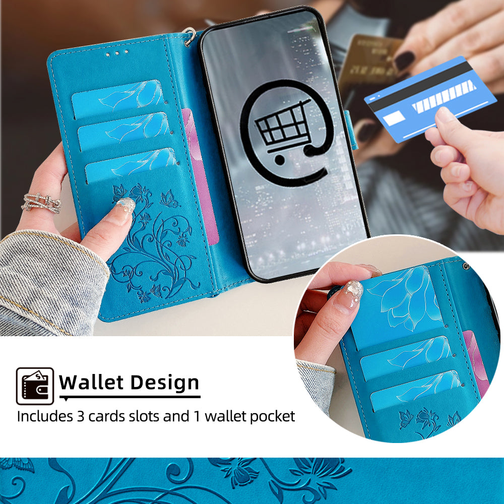 For Samsung Galaxy M34 5G / F34 5G Case PU Leather Card Slots Holder Pocket Butterfly Flower Phone Cover - Blue