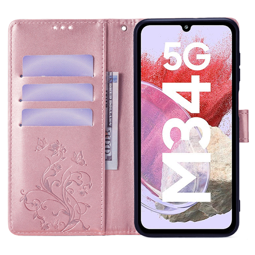 For Samsung Galaxy M34 5G / F34 5G Case PU Leather Card Slots Holder Pocket Butterfly Flower Phone Cover - Rose Gold