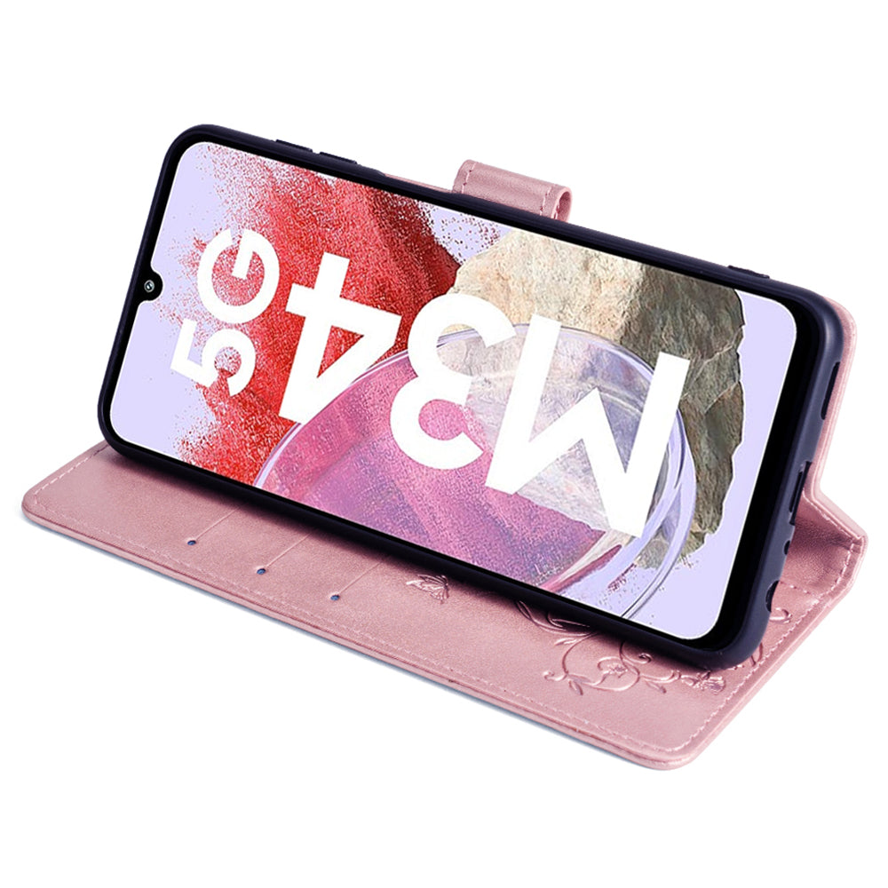 For Samsung Galaxy M34 5G / F34 5G Case PU Leather Card Slots Holder Pocket Butterfly Flower Phone Cover - Rose Gold