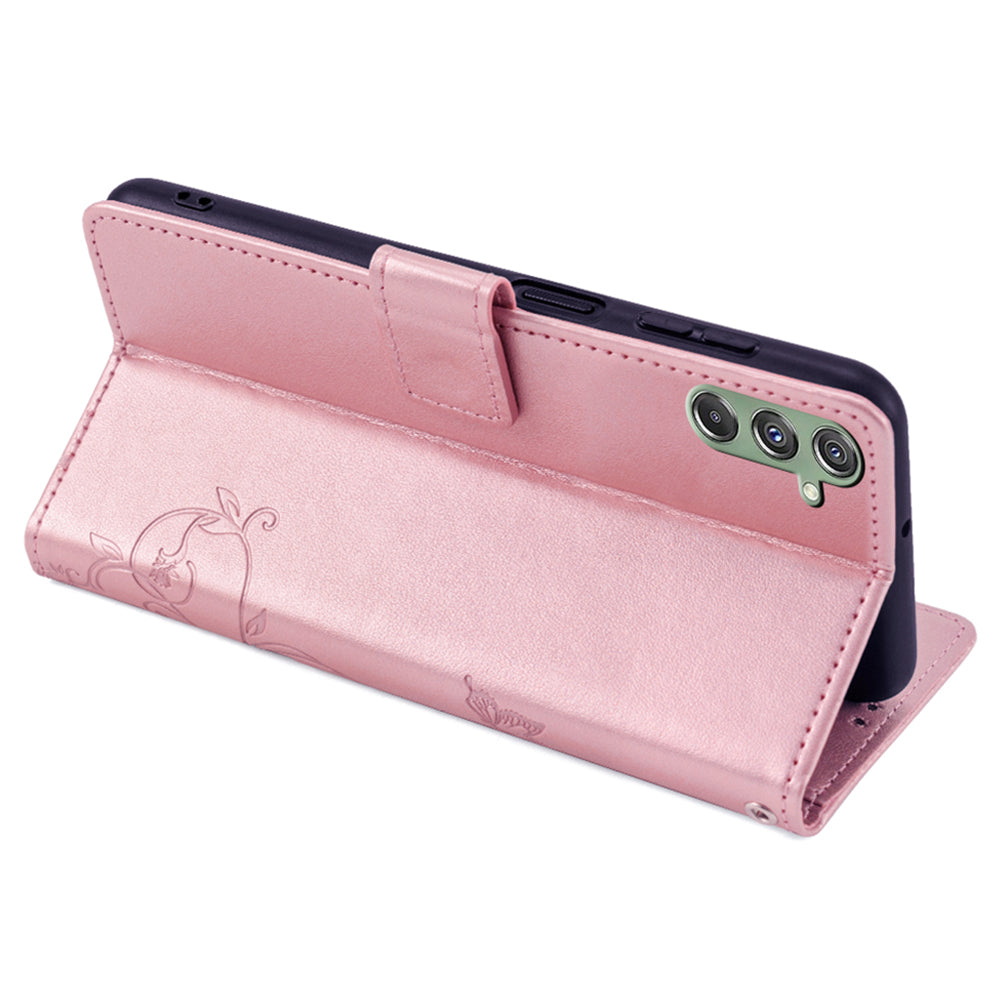 For Samsung Galaxy M34 5G / F34 5G Case PU Leather Card Slots Holder Pocket Butterfly Flower Phone Cover - Rose Gold