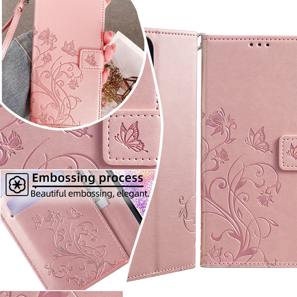 For Samsung Galaxy M34 5G / F34 5G Case PU Leather Card Slots Holder Pocket Butterfly Flower Phone Cover - Rose Gold