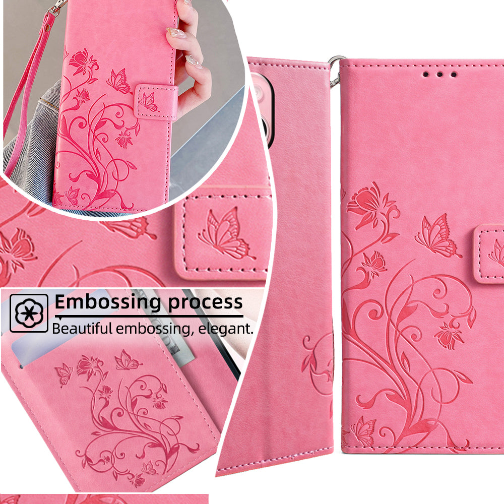 For Samsung Galaxy M34 5G / F34 5G Case PU Leather Card Slots Holder Pocket Butterfly Flower Phone Cover - Pink
