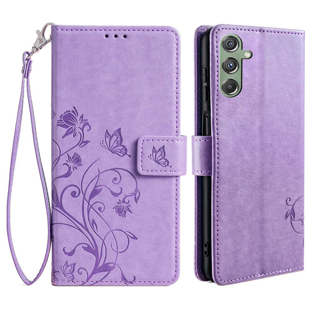 For Samsung Galaxy M34 5G / F34 5G Case PU Leather Card Slots Holder Pocket Butterfly Flower Phone Cover - Purple