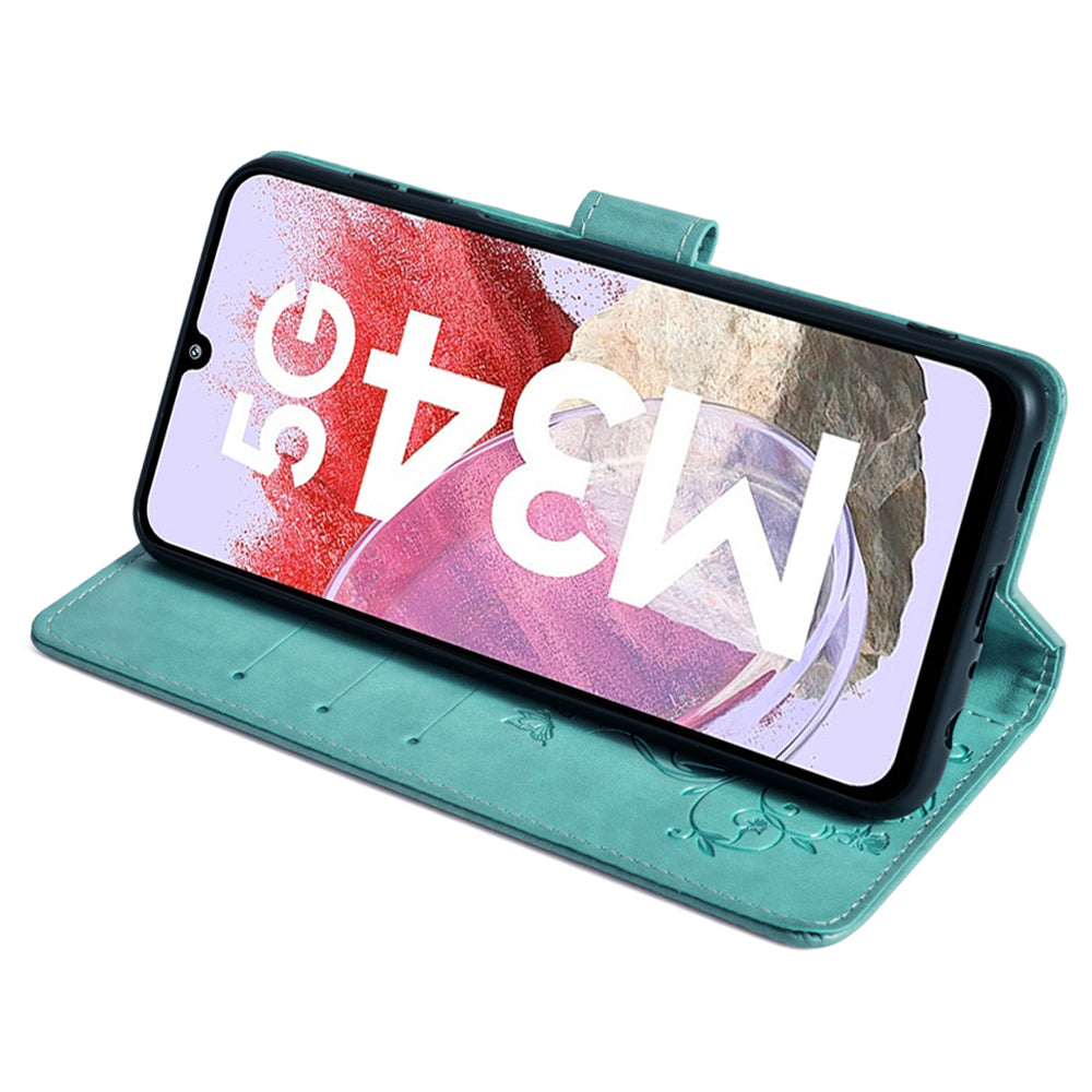For Samsung Galaxy M34 5G / F34 5G Case PU Leather Card Slots Holder Pocket Butterfly Flower Phone Cover - Green