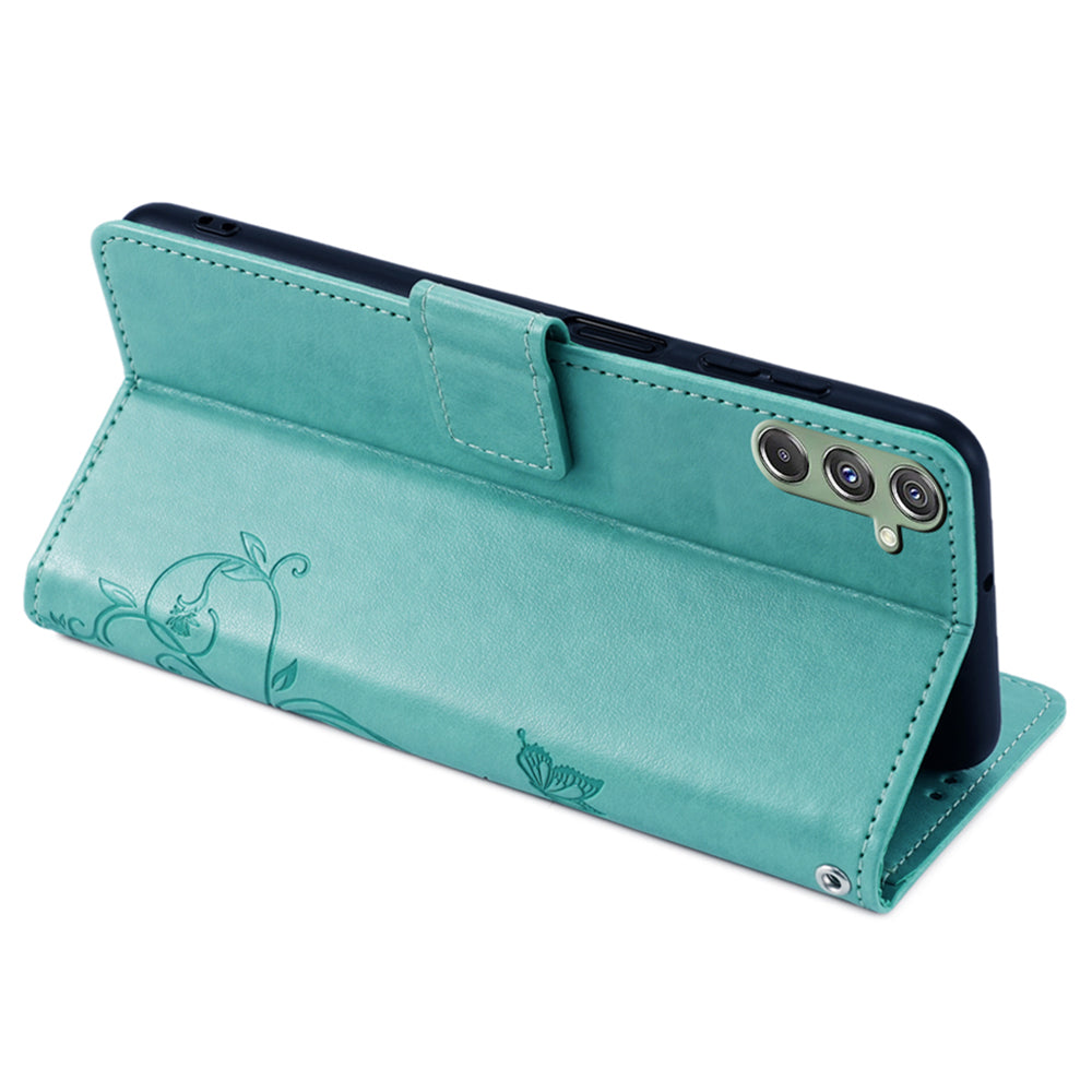 For Samsung Galaxy M34 5G / F34 5G Case PU Leather Card Slots Holder Pocket Butterfly Flower Phone Cover - Green
