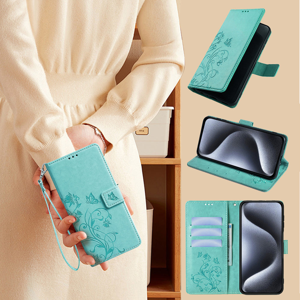 For Samsung Galaxy M34 5G / F34 5G Case PU Leather Card Slots Holder Pocket Butterfly Flower Phone Cover - Green