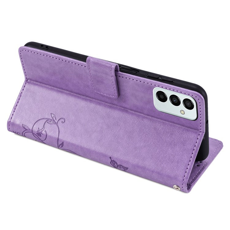 For Samsung Galaxy M23 5G / F23 5G Case Butterfly Flower PU Leather Stand Phone Cover - Purple