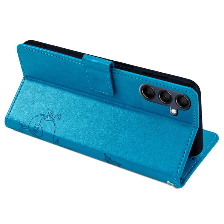 For Samsung Galaxy M14 5G Phone Case Butterfly Flower Imprinted Leather Flip Cover with Wrist Strap - Blue