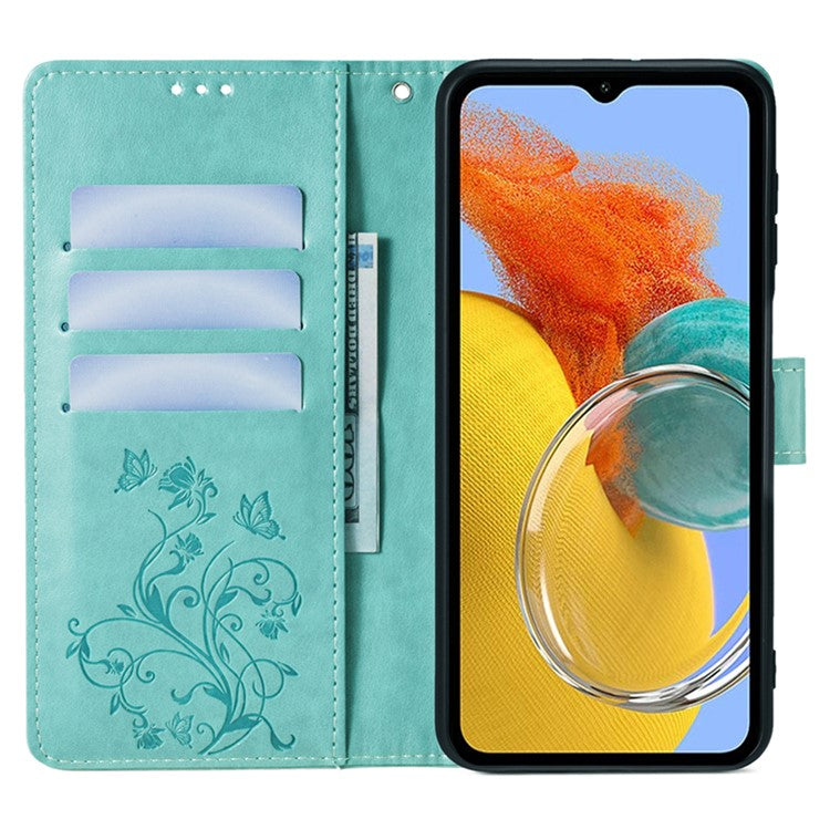 For Samsung Galaxy M14 5G Phone Case Butterfly Flower Imprinted Leather Flip Cover with Wrist Strap - Green