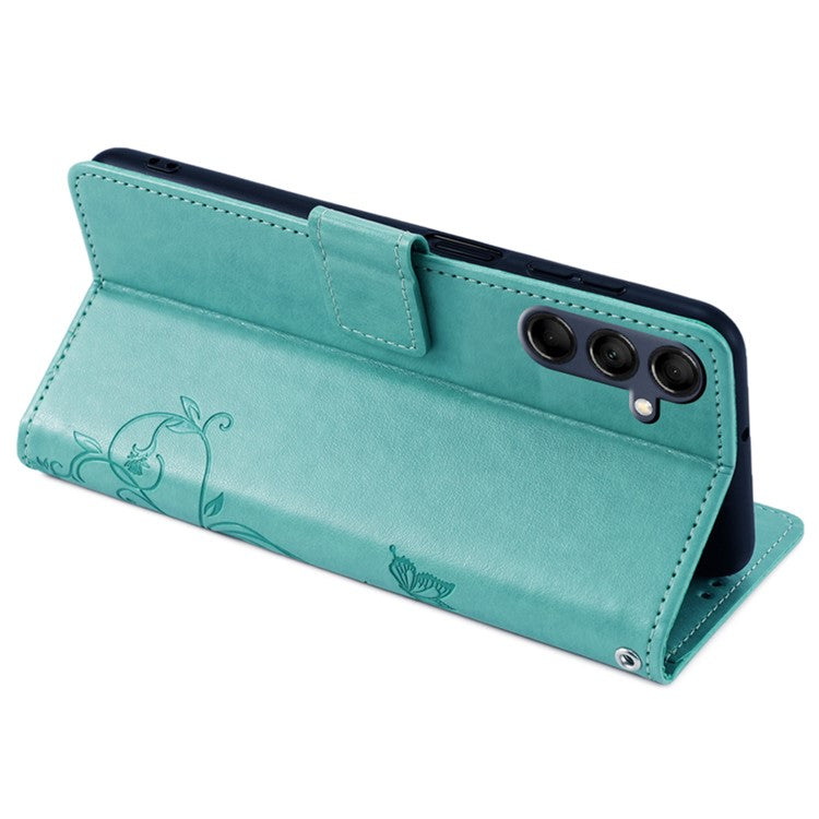 For Samsung Galaxy M14 5G Phone Case Butterfly Flower Imprinted Leather Flip Cover with Wrist Strap - Green