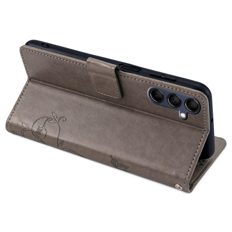 For Samsung Galaxy M14 5G Phone Case Butterfly Flower Imprinted Leather Flip Cover with Wrist Strap - Grey