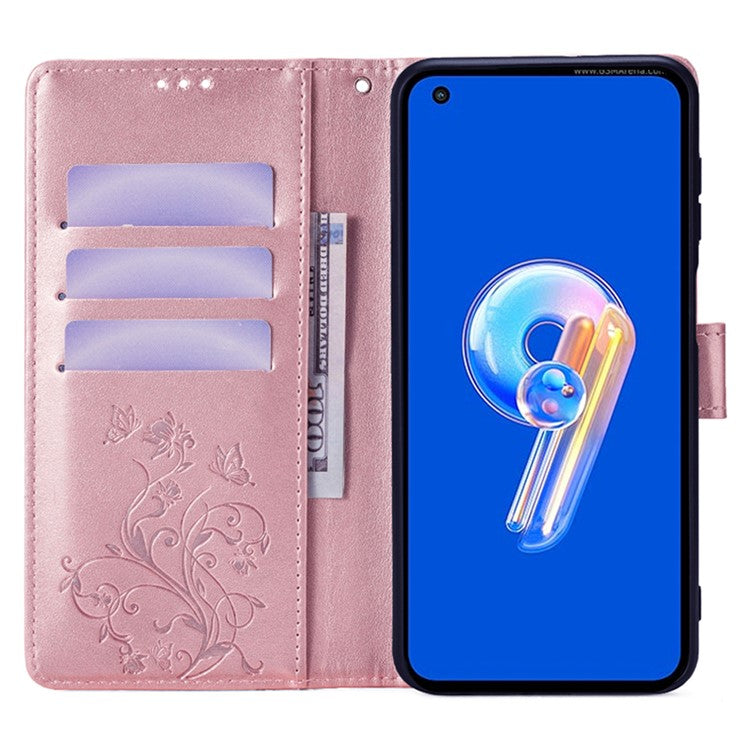 For Asus Zenfone 9 5G / Zenfone 9z Case Butterfly Flower Imprinted PU Leather Wallet Protective Phone Cover - Rose Gold