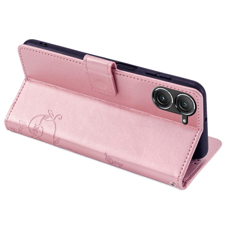 For Asus Zenfone 9 5G / Zenfone 9z Case Butterfly Flower Imprinted PU Leather Wallet Protective Phone Cover - Rose Gold