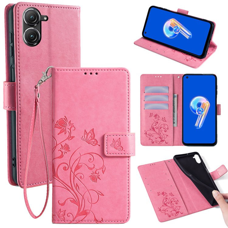 For Asus Zenfone 9 5G / Zenfone 9z Case Butterfly Flower Imprinted PU Leather Wallet Protective Phone Cover - Pink