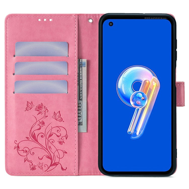 For Asus Zenfone 9 5G / Zenfone 9z Case Butterfly Flower Imprinted PU Leather Wallet Protective Phone Cover - Pink