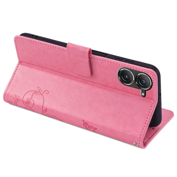 For Asus Zenfone 9 5G / Zenfone 9z Case Butterfly Flower Imprinted PU Leather Wallet Protective Phone Cover - Pink