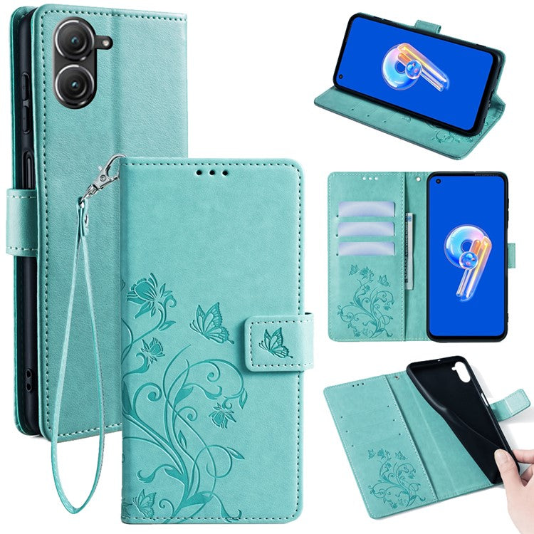 For Asus Zenfone 9 5G / Zenfone 9z Case Butterfly Flower Imprinted PU Leather Wallet Protective Phone Cover - Green