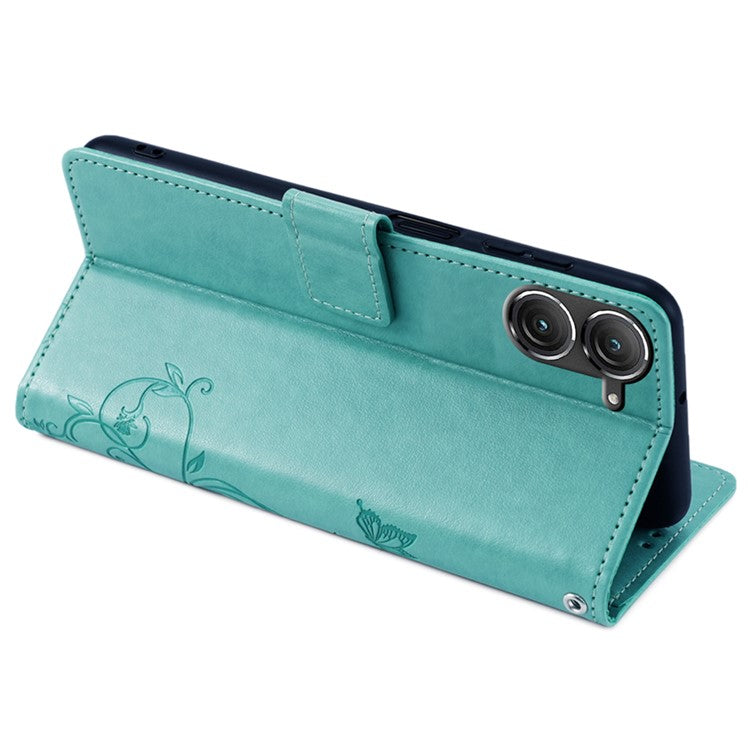 For Asus Zenfone 9 5G / Zenfone 9z Case Butterfly Flower Imprinted PU Leather Wallet Protective Phone Cover - Green