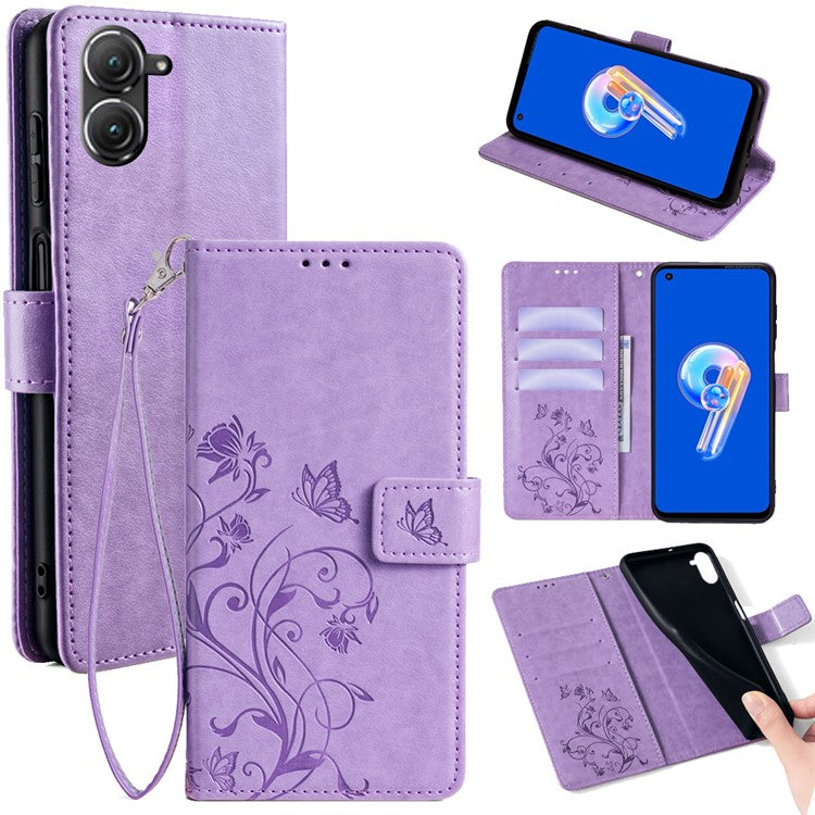 For Asus Zenfone 9 5G / Zenfone 9z Case Butterfly Flower Imprinted PU Leather Wallet Protective Phone Cover - Purple