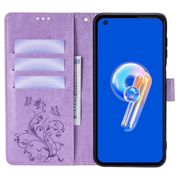 For Asus Zenfone 9 5G / Zenfone 9z Case Butterfly Flower Imprinted PU Leather Wallet Protective Phone Cover - Purple