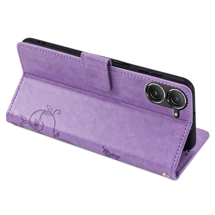 For Asus Zenfone 9 5G / Zenfone 9z Case Butterfly Flower Imprinted PU Leather Wallet Protective Phone Cover - Purple