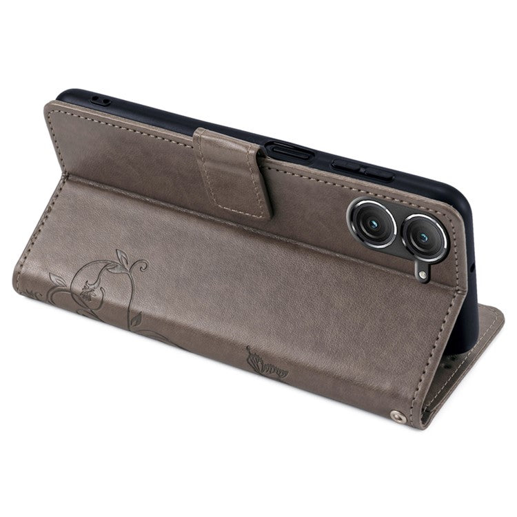 For Asus Zenfone 9 5G / Zenfone 9z Case Butterfly Flower Imprinted PU Leather Wallet Protective Phone Cover - Grey