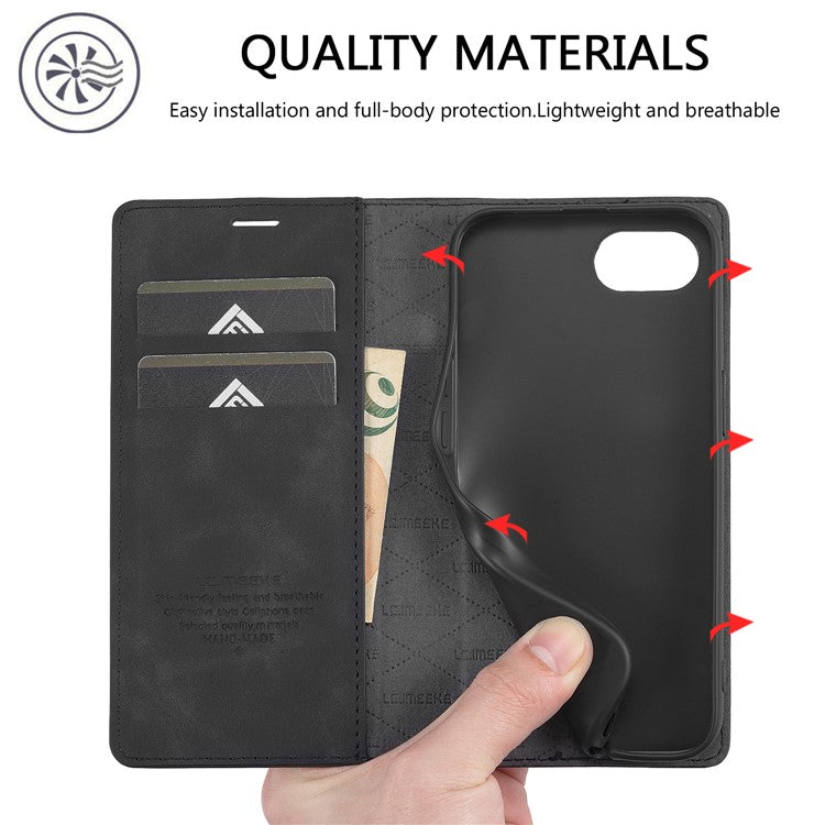LC.IMEEKE For iPhone 16e Case Scratch-Proof Microfiber Leather Magnetic Closing Phone Cover - Black