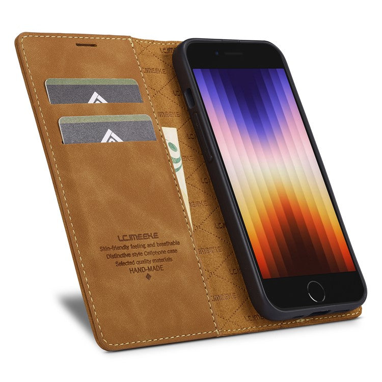LC.IMEEKE For iPhone 16e Case Scratch-Proof Microfiber Leather Magnetic Closing Phone Cover - Brown