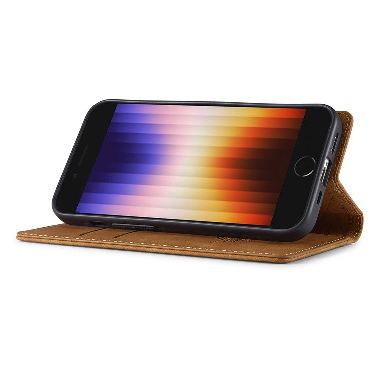 LC.IMEEKE For iPhone 16e Case Scratch-Proof Microfiber Leather Magnetic Closing Phone Cover - Brown